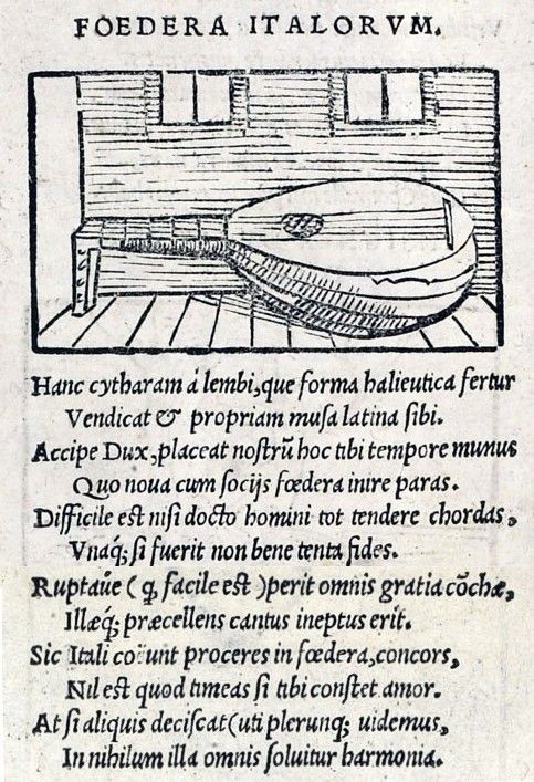 Gravure sur bois : un luth posé sur une table, sous la devise Foedera Italorum.