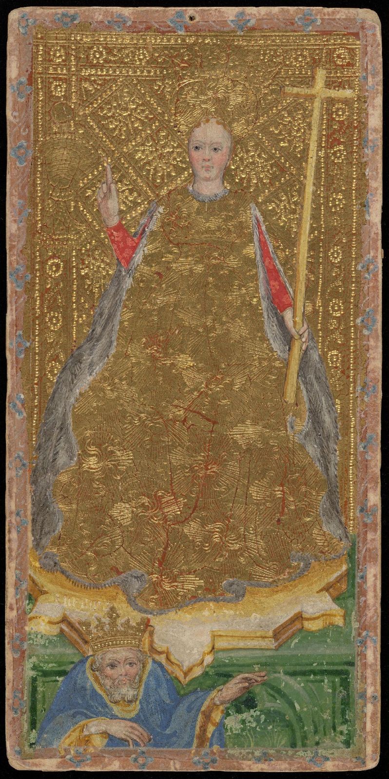 Carta della Fede del mazzo Cary-Yale: una donna seduta su fondo d’oro, l’indice alzato, con una lunga croce.