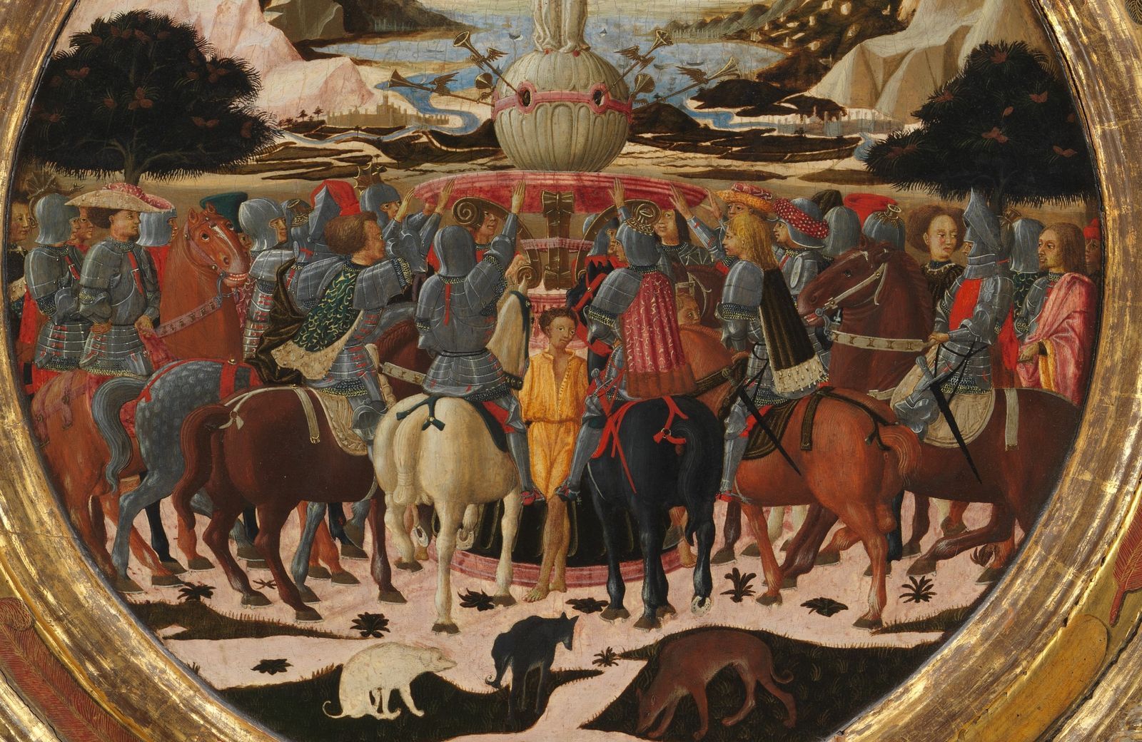 Peinture ronde, détail : des cavaliers en armure entourent un piédestal surmonté d’un globe à trompettes ; trois chiens au premier plan.