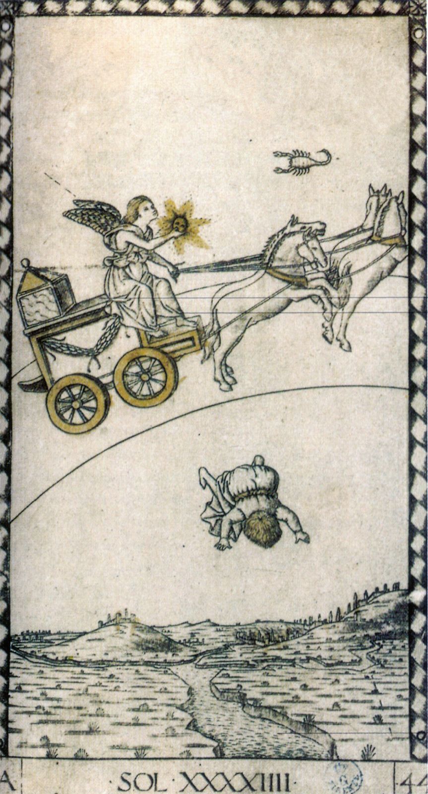Gravure : le char du Soleil traverse le ciel au-dessus d’un paysage.