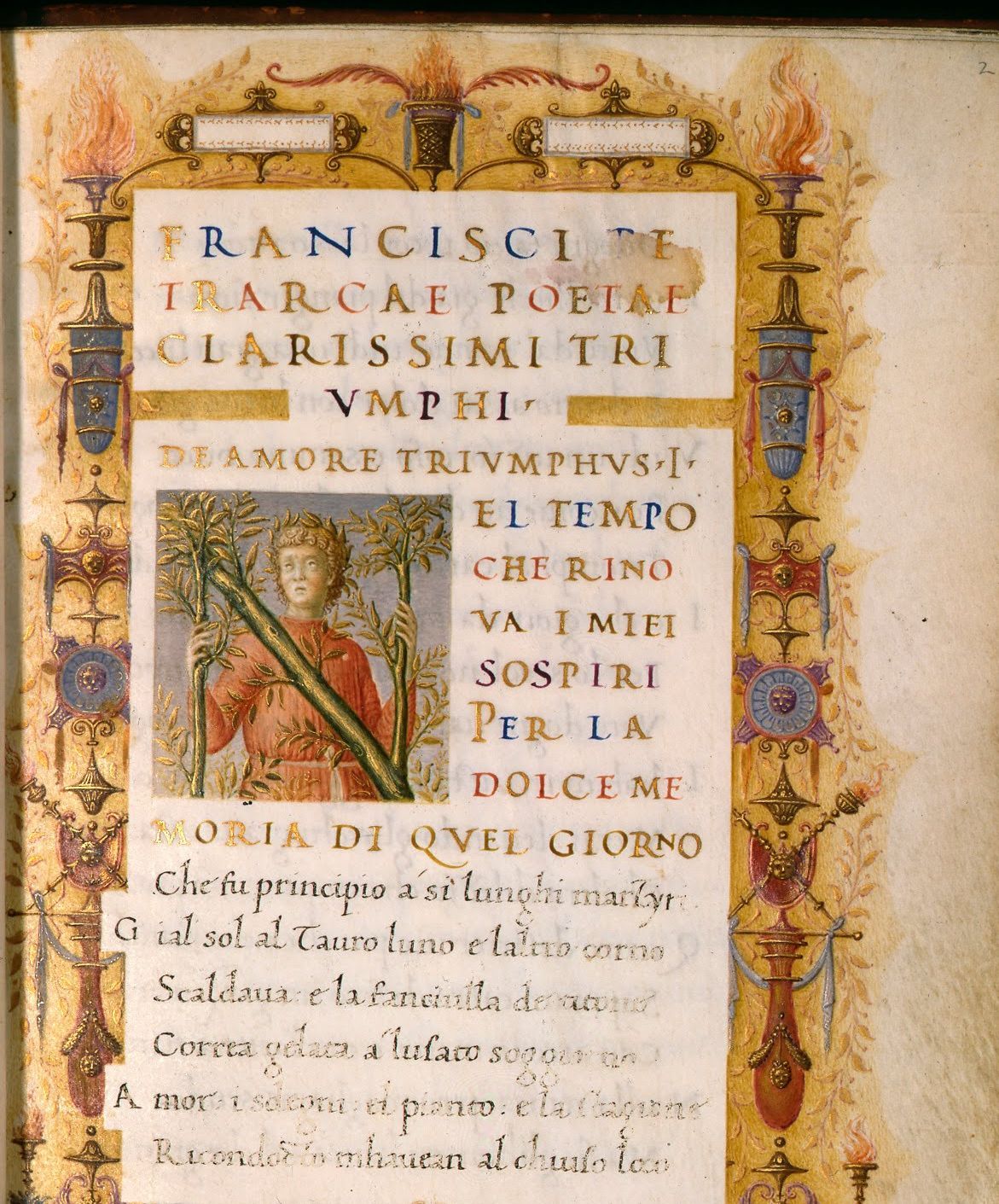 Page de manuscrit enluminée : le titre en capitales, une miniature et les premiers vers du poème.