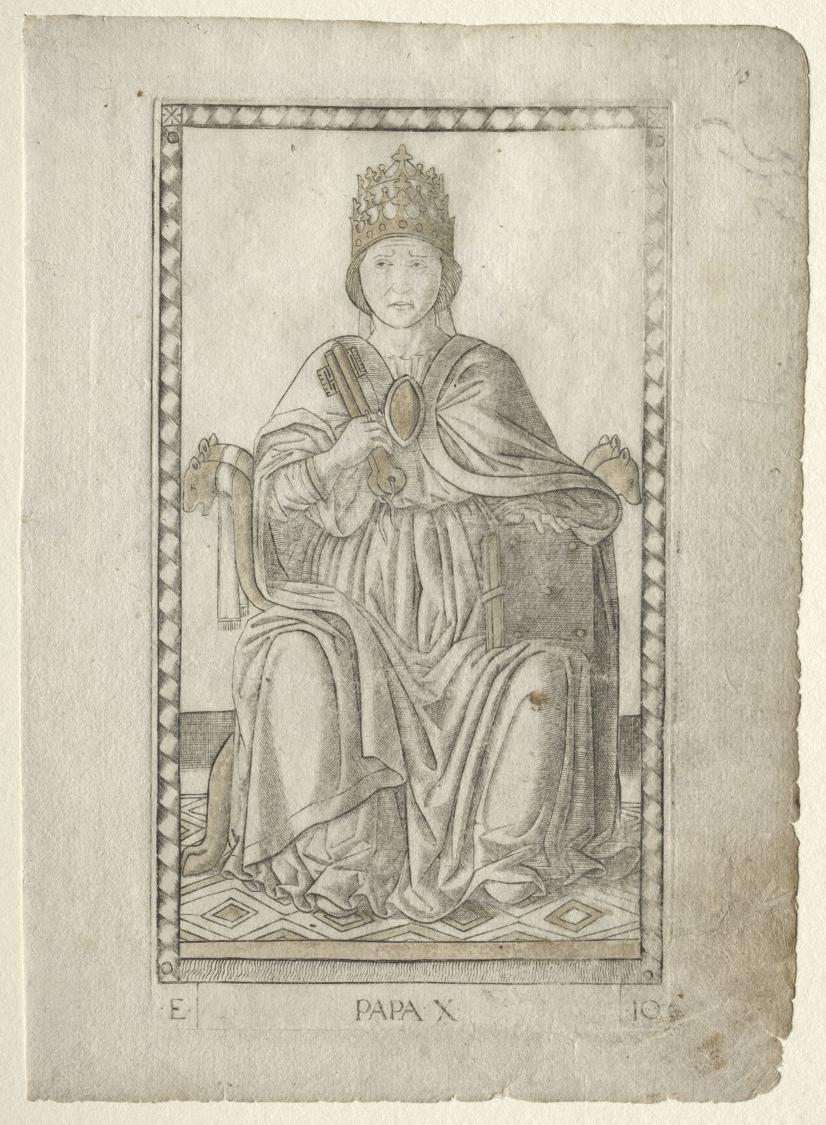 Gravure : le Pape assis de face sur un trône à têtes de lion, coiffé de la tiare, deux clés dans la main droite, un livre sous la main gauche.
