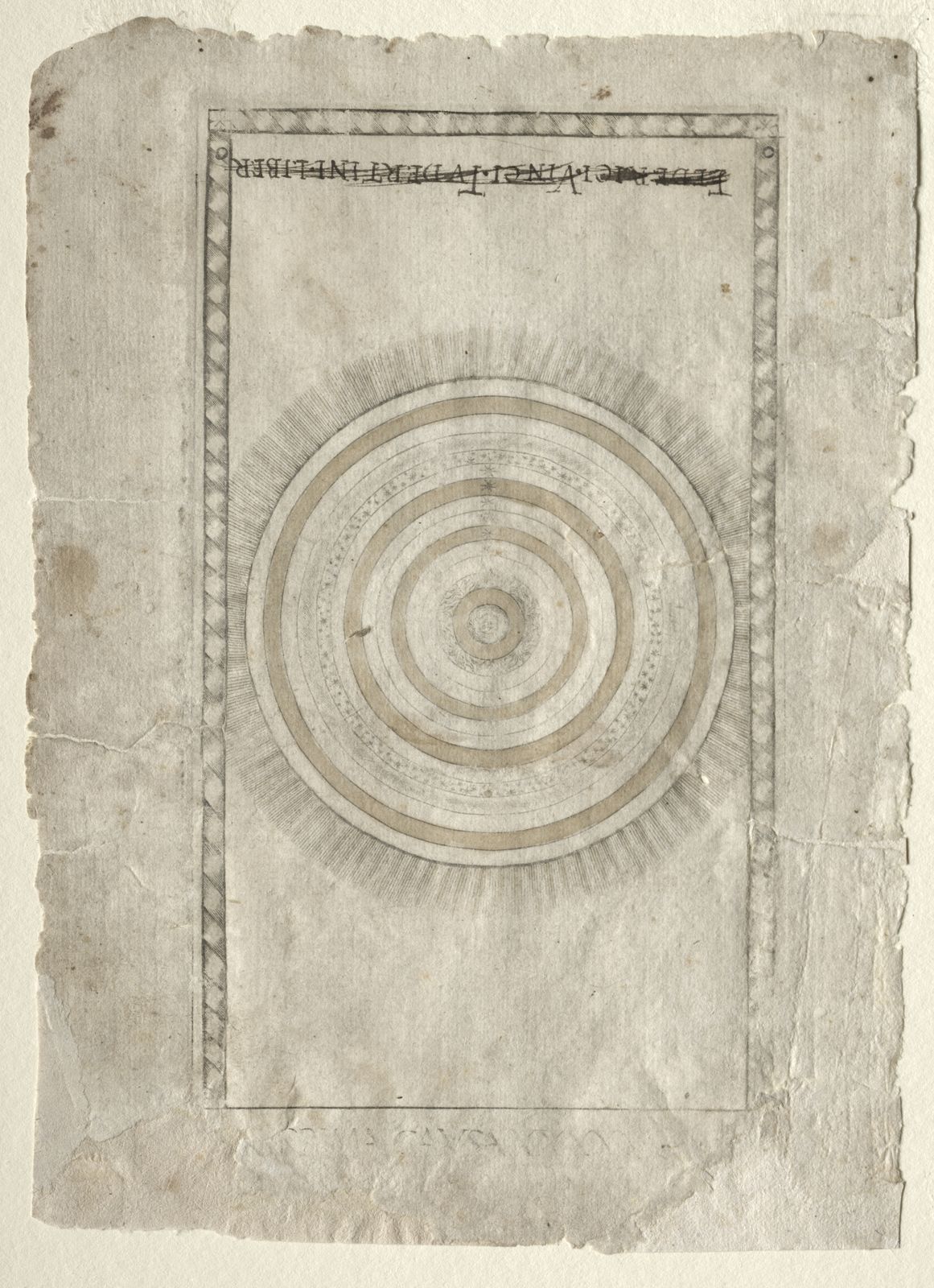 Gravure : des cercles concentriques autour de la Terre, entourés de trois cercles rayonnants.